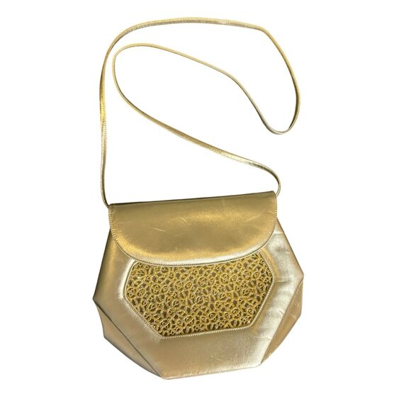 Vintage Stuart Weitzman Gold Evening Bag Embellished Lace Overlay Rhinestone - Picture 1 of 10
